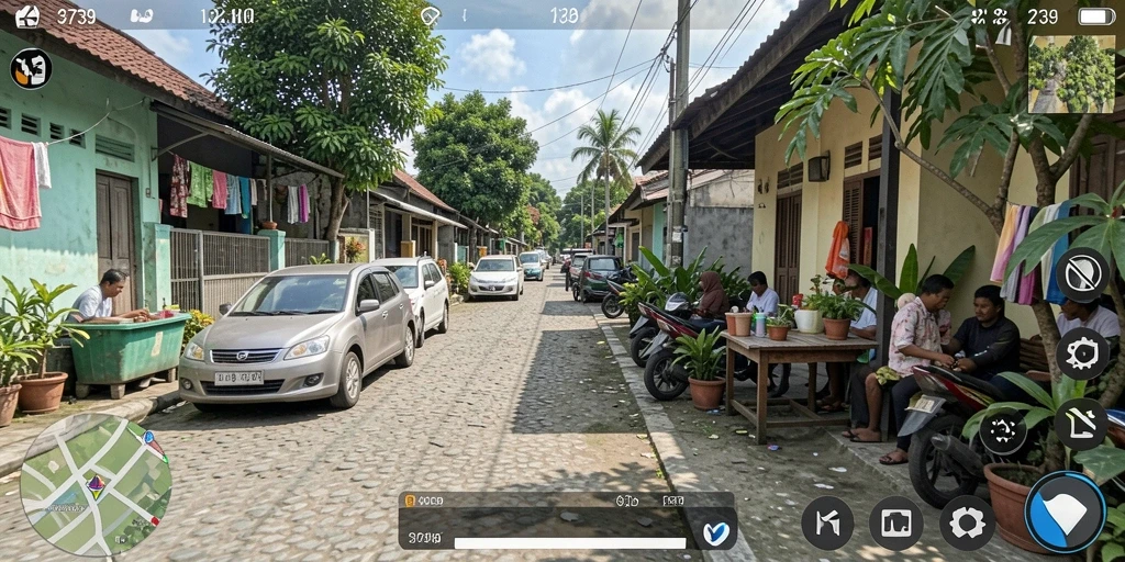 Tampilan gameplay <strong>2739</strong> dengan karakter yang berinteraksi dalam lingkungan kehidupan sehari-hari.