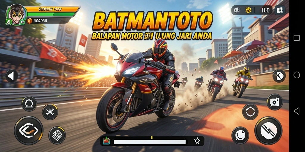 Screenshot gameplay BATMANTOTO yang menunjukkan aksi balapan motor.