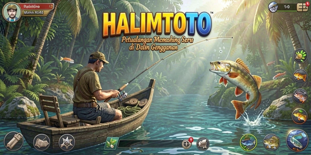 Tampilan gameplay menarik dengan berbagai ikan dan lokasi memancing.