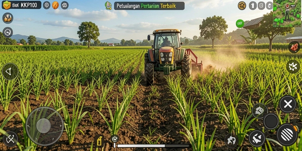 Screenshot KPK100 menunjukkan petualangan pertanian yang menyenangkan.