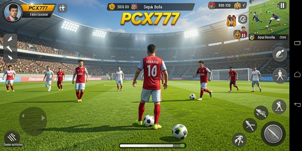 Tampilan gameplay seru dalam PCX777 dengan aksi sepak bola yang mendebarkan.