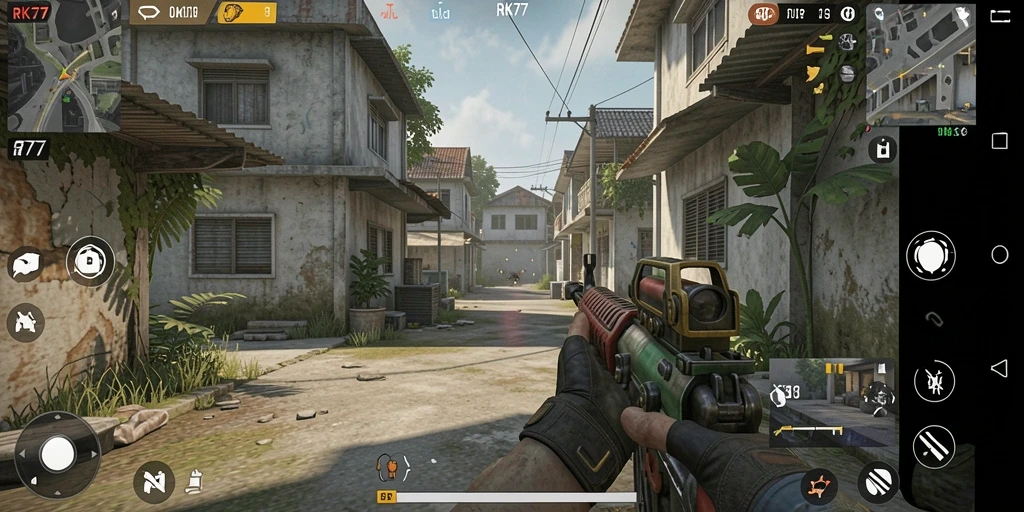Screenshot gameplay RK77 yang menampilkan aksi tembak-menembak mendebarkan.