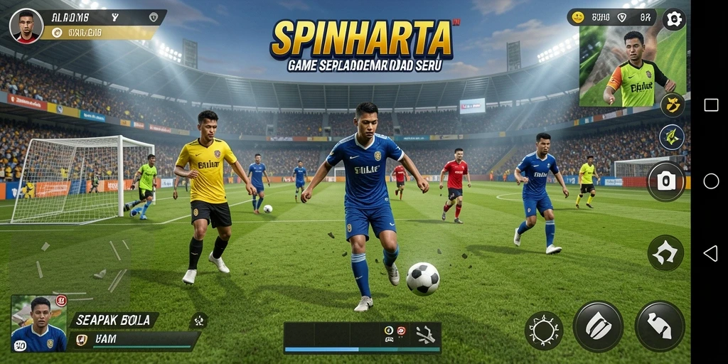 Screenshot gameplay SPINHARTA yang menampilkan aksi sepak bola yang mendebarkan.
