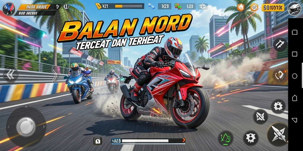 Gameplay seru V21 menampilkan balapan motor yang mendebarkan.